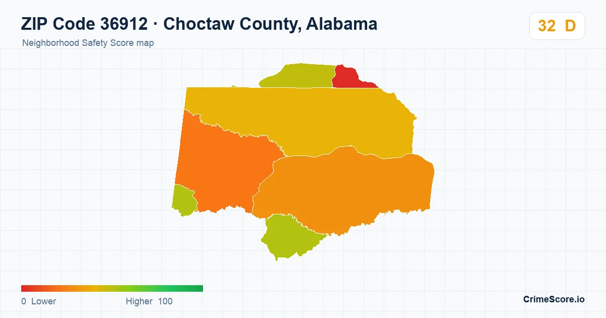 ZIP Code 36912 in Choctaw County, Alabama neighborhood Safety Score map