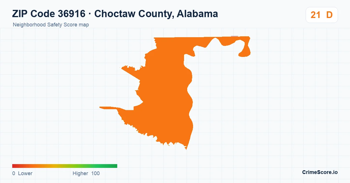 ZIP Code 36916 in Choctaw County, Alabama neighborhood Safety Score map