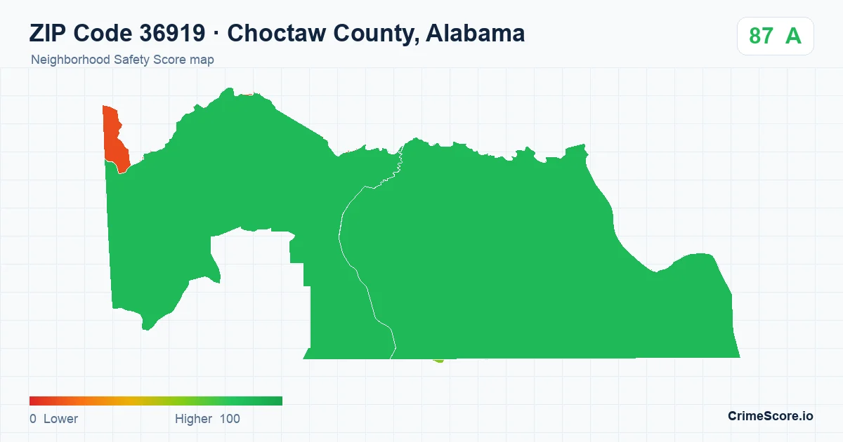 ZIP Code 36919 in Choctaw County, Alabama neighborhood Safety Score map