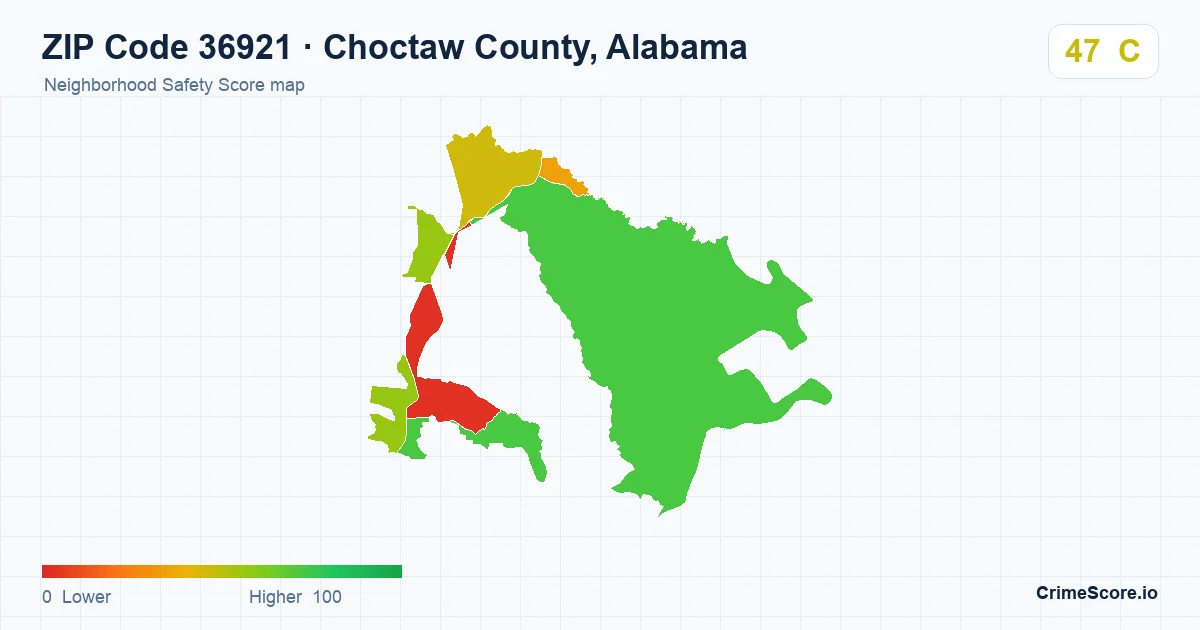 ZIP Code 36921 in Choctaw County, Alabama neighborhood Safety Score map