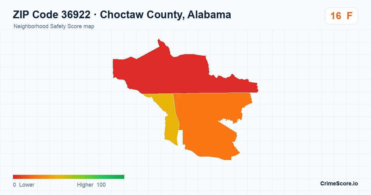 ZIP Code 36922 in Choctaw County, Alabama neighborhood Safety Score map