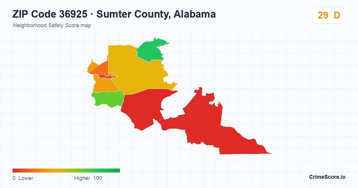 ZIP Code 36925 in Sumter County, Alabama neighborhood Safety Score map