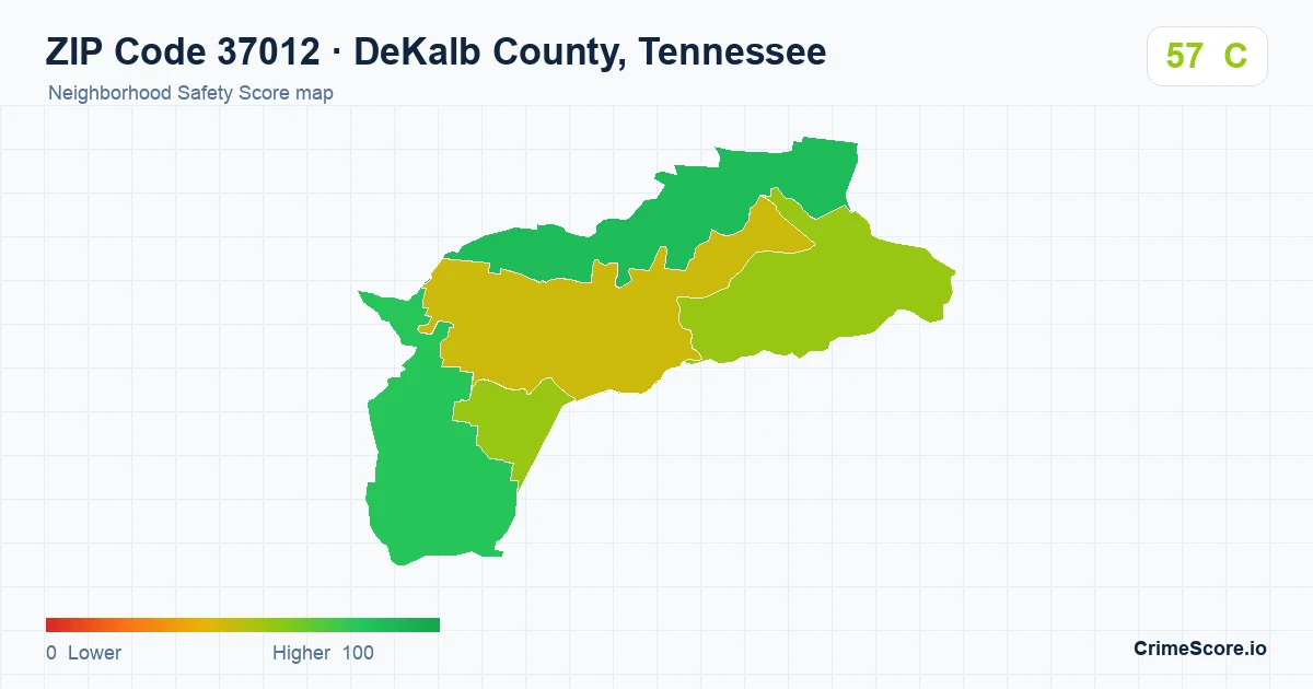 ZIP Code 37012 in DeKalb County, Tennessee neighborhood Safety Score map