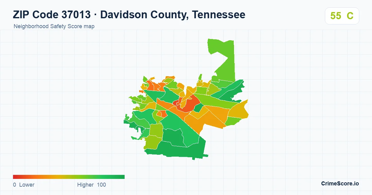 ZIP Code 37013 in Davidson County, Tennessee neighborhood Safety Score map
