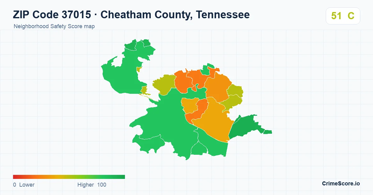 ZIP Code 37015 in Cheatham County, Tennessee neighborhood Safety Score map