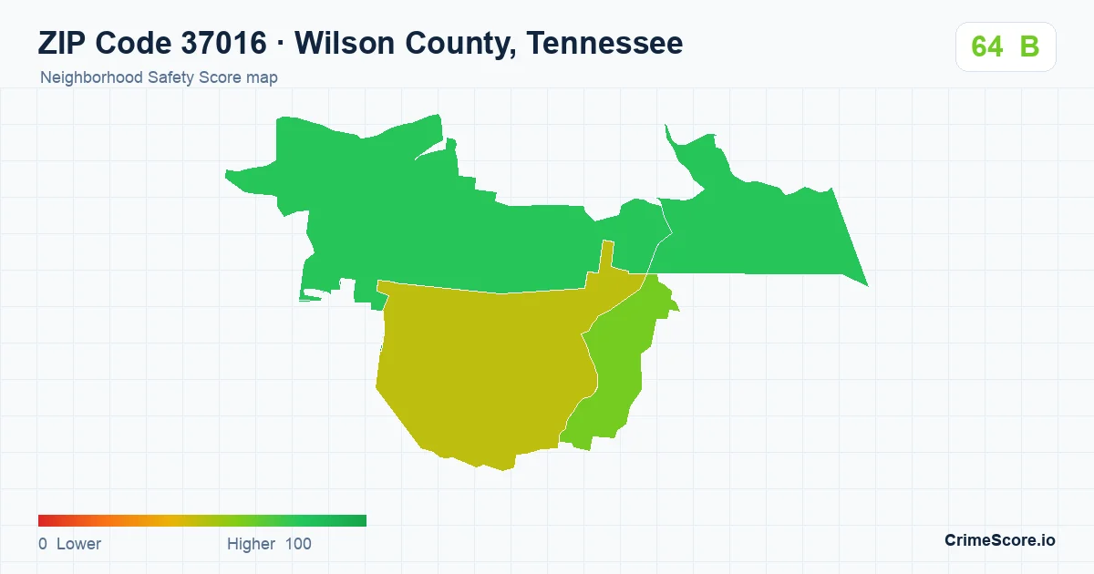 ZIP Code 37016 in Wilson County, Tennessee neighborhood Safety Score map