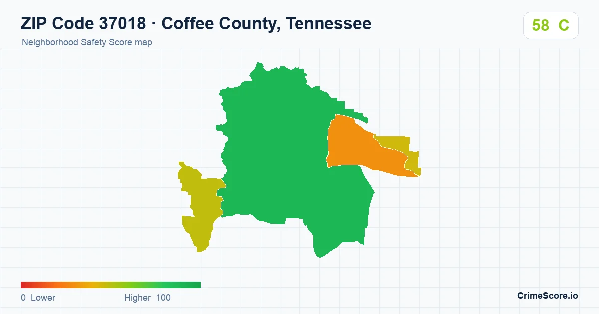 ZIP Code 37018 in Coffee County, Tennessee neighborhood Safety Score map