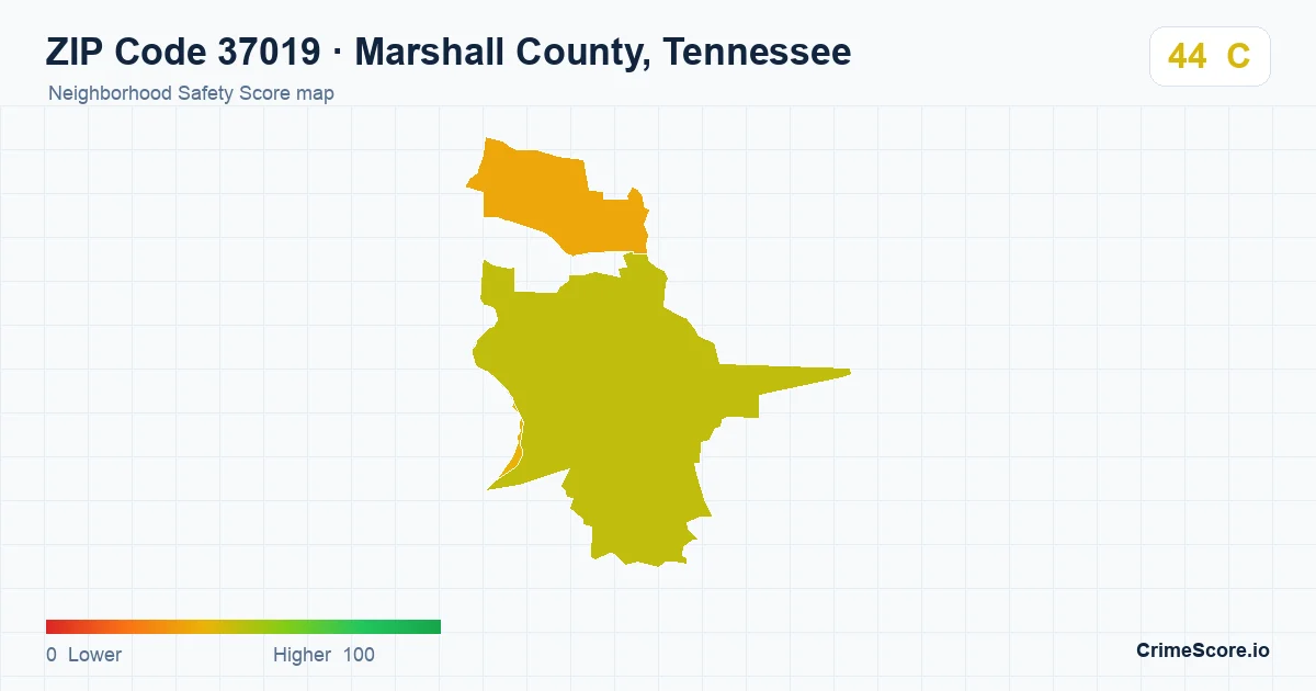 ZIP Code 37019 in Marshall County, Tennessee neighborhood Safety Score map