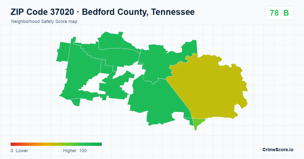 ZIP Code 37020 in Bedford County, Tennessee neighborhood Safety Score map