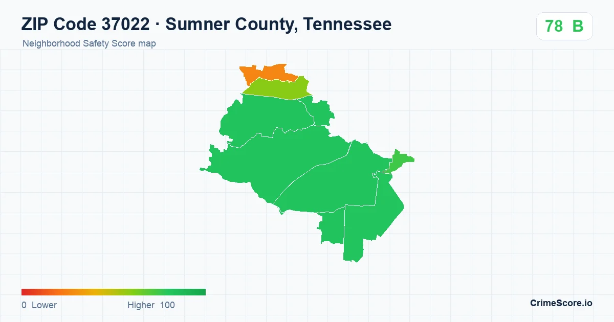ZIP Code 37022 in Sumner County, Tennessee neighborhood Safety Score map