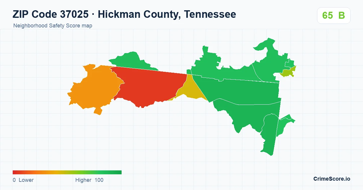 ZIP Code 37025 in Hickman County, Tennessee neighborhood Safety Score map