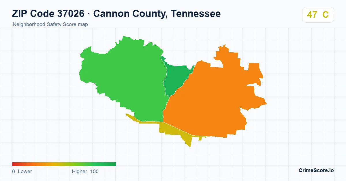 ZIP Code 37026 in Cannon County, Tennessee neighborhood Safety Score map