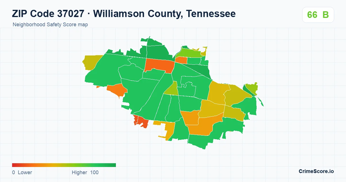 ZIP Code 37027 in Williamson County, Tennessee neighborhood Safety Score map