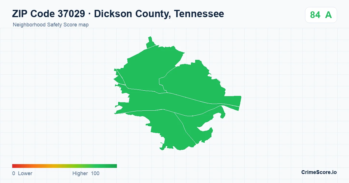 ZIP Code 37029 in Dickson County, Tennessee neighborhood Safety Score map