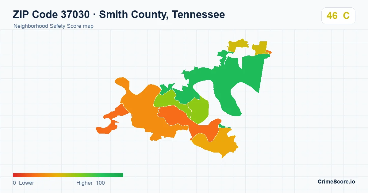 ZIP Code 37030 in Smith County, Tennessee neighborhood Safety Score map