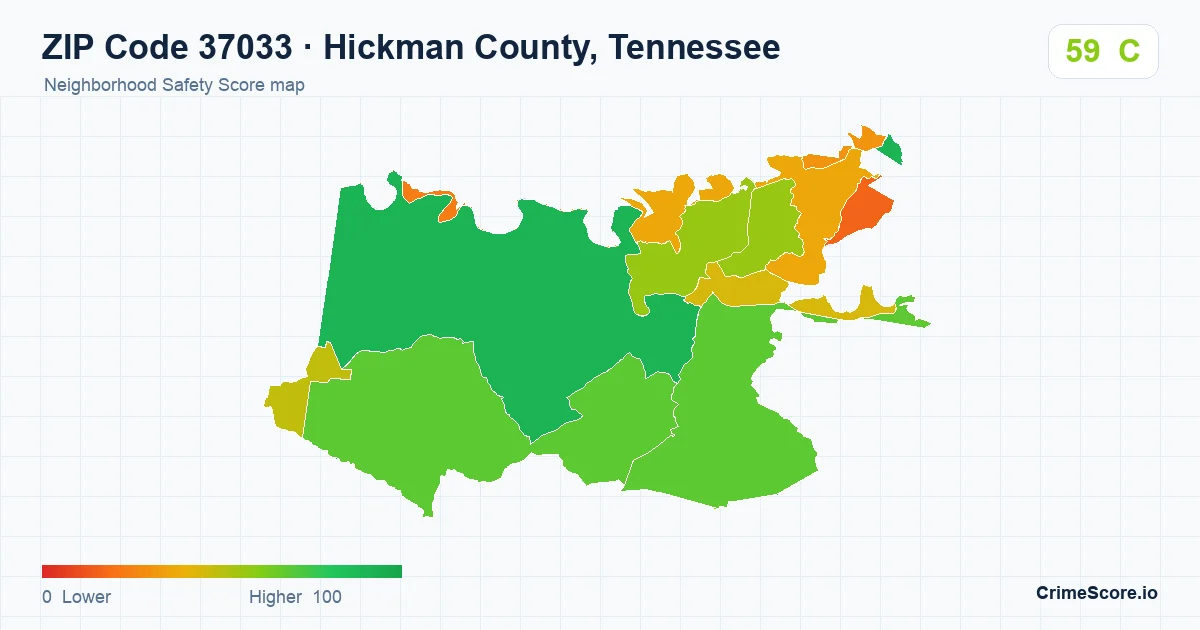 ZIP Code 37033 in Hickman County, Tennessee neighborhood Safety Score map