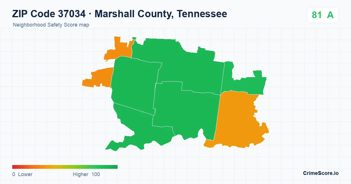 ZIP Code 37034 in Marshall County, Tennessee neighborhood Safety Score map