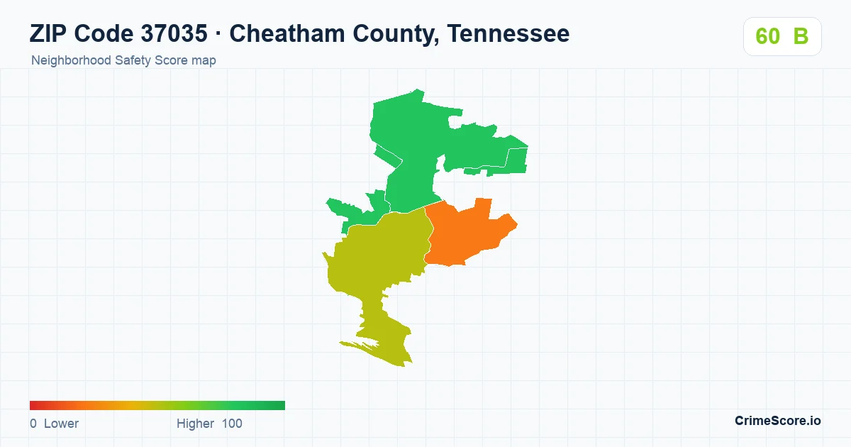 ZIP Code 37035 in Cheatham County, Tennessee neighborhood Safety Score map