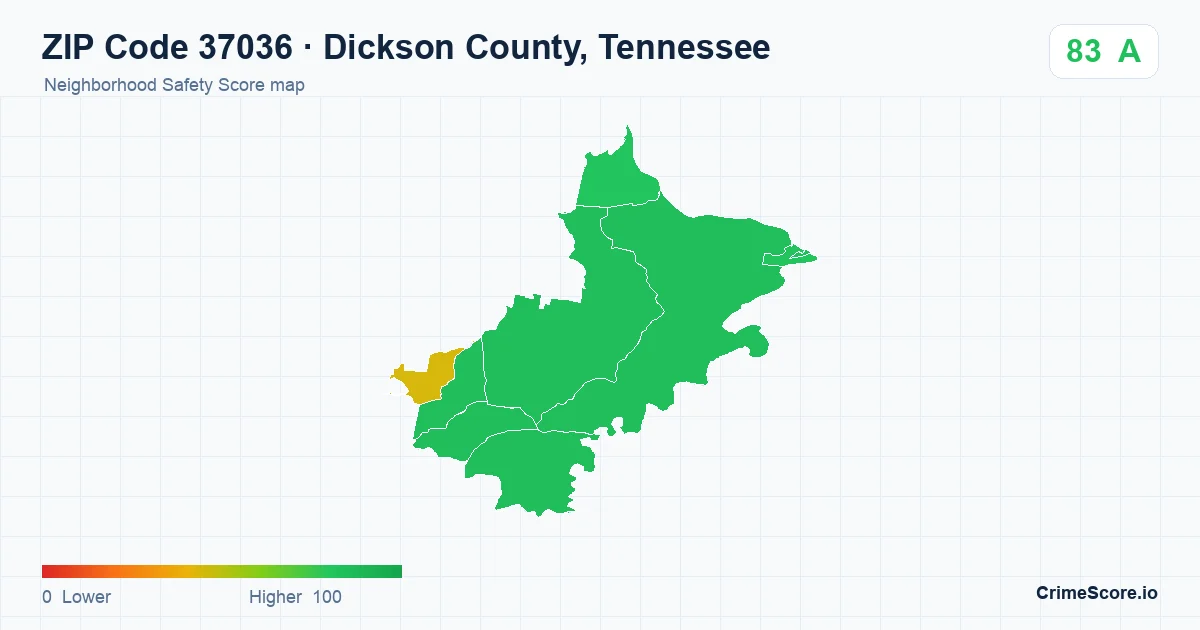 ZIP Code 37036 in Dickson County, Tennessee neighborhood Safety Score map