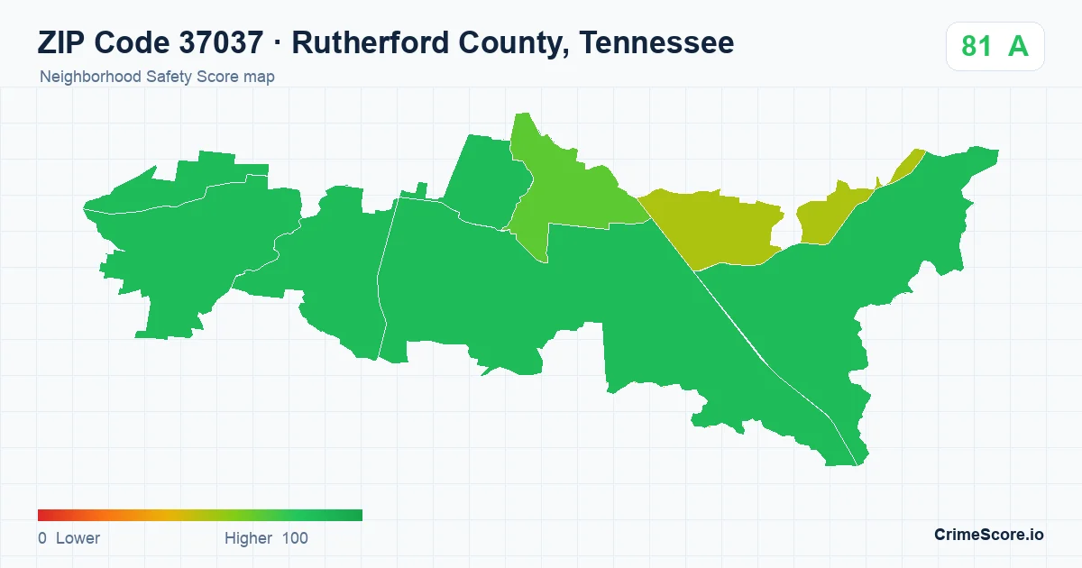 ZIP Code 37037 in Rutherford County, Tennessee neighborhood Safety Score map