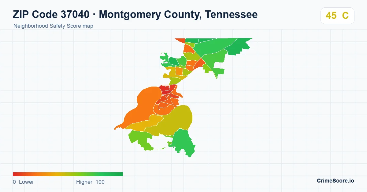 ZIP Code 37040 in Montgomery County, Tennessee neighborhood Safety Score map