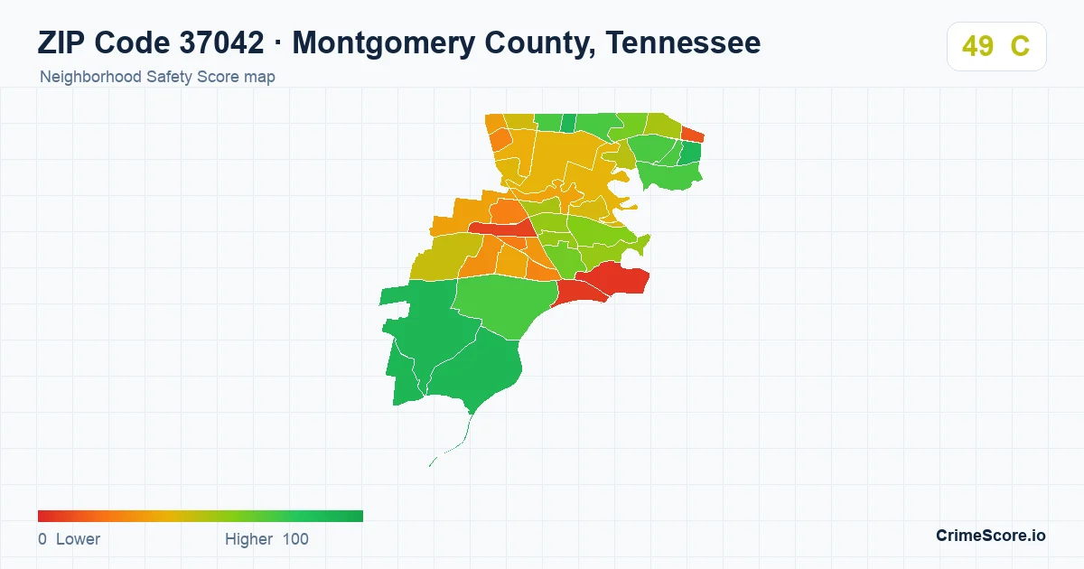 ZIP Code 37042 in Montgomery County, Tennessee neighborhood Safety Score map