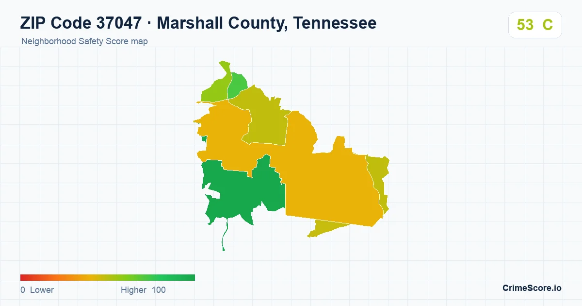ZIP Code 37047 in Marshall County, Tennessee neighborhood Safety Score map