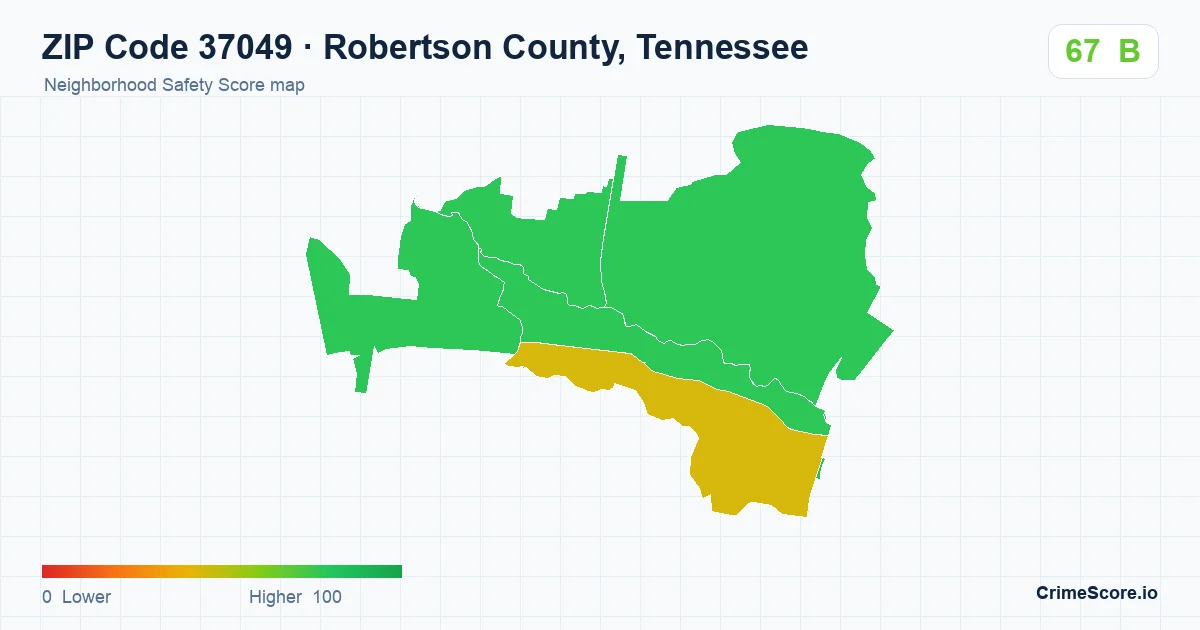 ZIP Code 37049 in Robertson County, Tennessee neighborhood Safety Score map