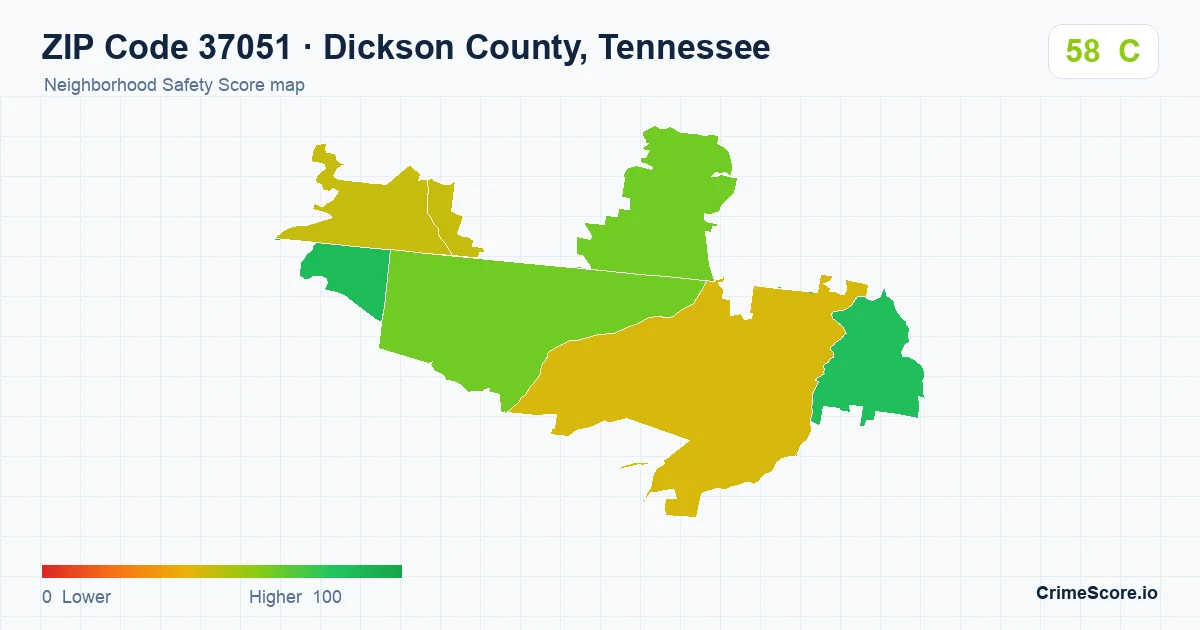 ZIP Code 37051 in Dickson County, Tennessee neighborhood Safety Score map