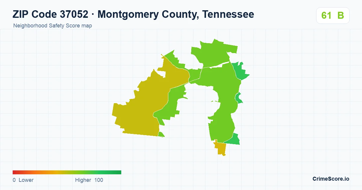 ZIP Code 37052 in Montgomery County, Tennessee neighborhood Safety Score map