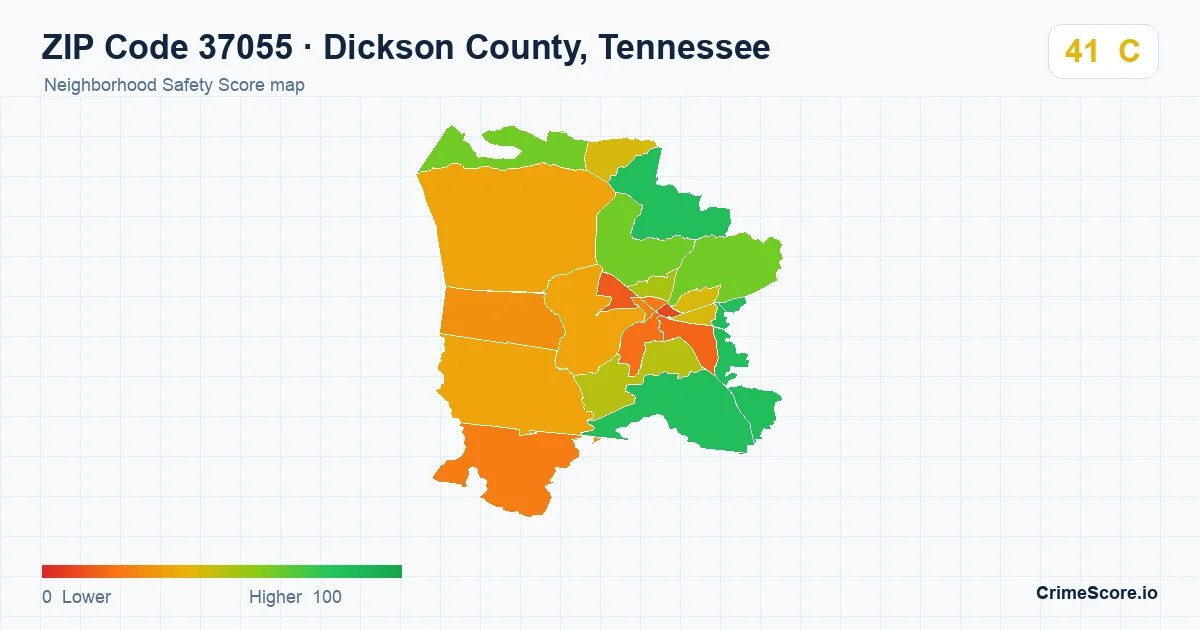 ZIP Code 37055 in Dickson County, Tennessee neighborhood Safety Score map