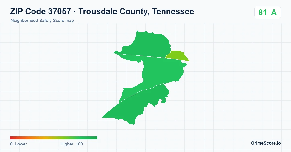 ZIP Code 37057 in Trousdale County, Tennessee neighborhood Safety Score map