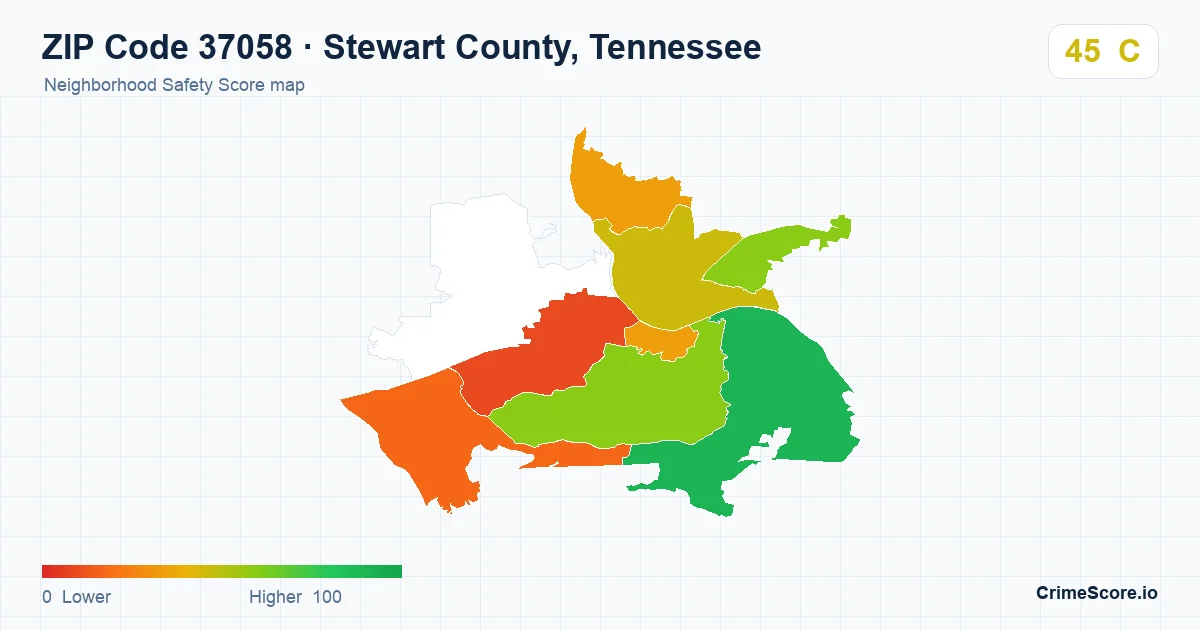 ZIP Code 37058 in Stewart County, Tennessee neighborhood Safety Score map