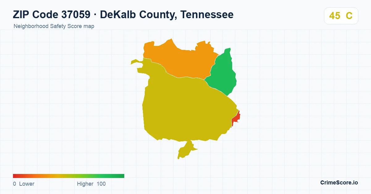 ZIP Code 37059 in DeKalb County, Tennessee neighborhood Safety Score map