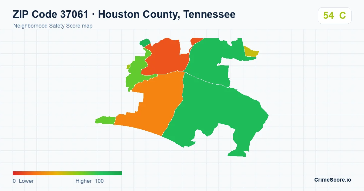 ZIP Code 37061 in Houston County, Tennessee neighborhood Safety Score map