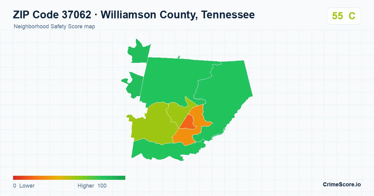 ZIP Code 37062 in Williamson County, Tennessee neighborhood Safety Score map