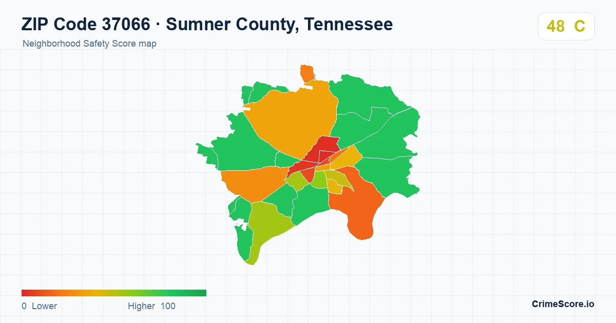 ZIP Code 37066 in Sumner County, Tennessee neighborhood Safety Score map