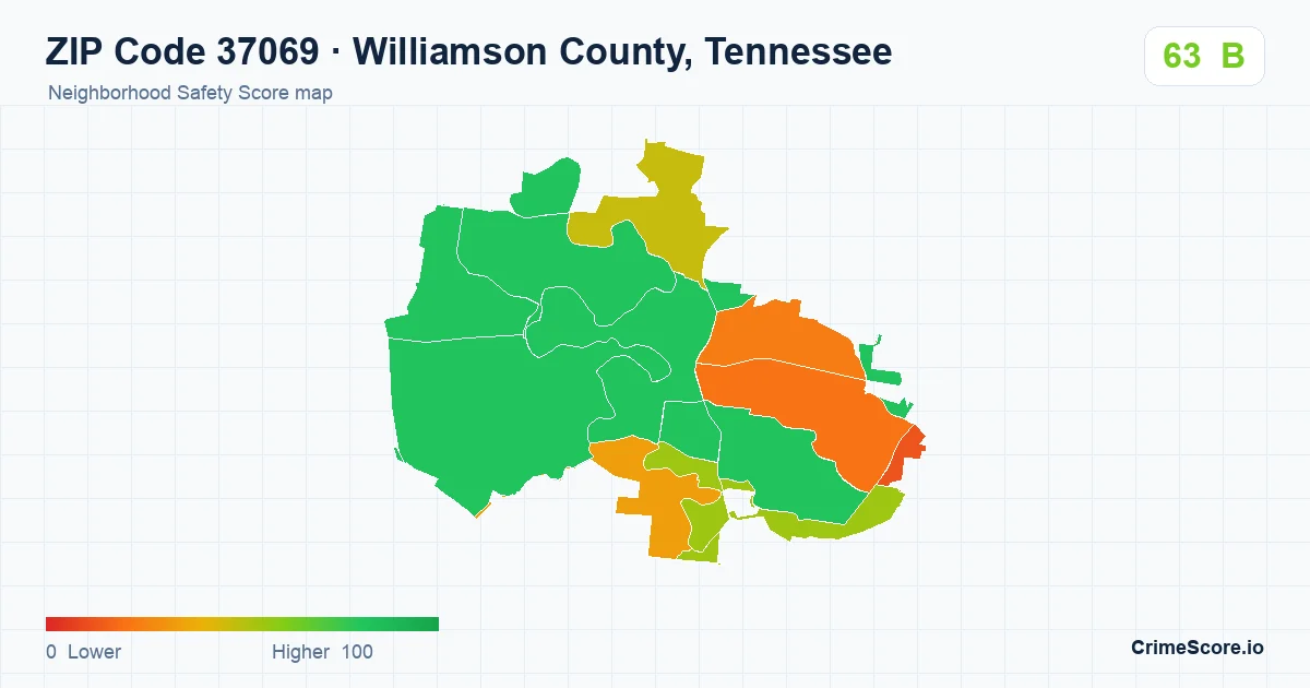 ZIP Code 37069 in Williamson County, Tennessee neighborhood Safety Score map