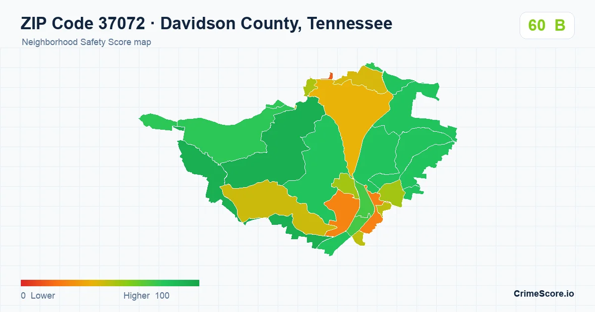 ZIP Code 37072 in Davidson County, Tennessee neighborhood Safety Score map