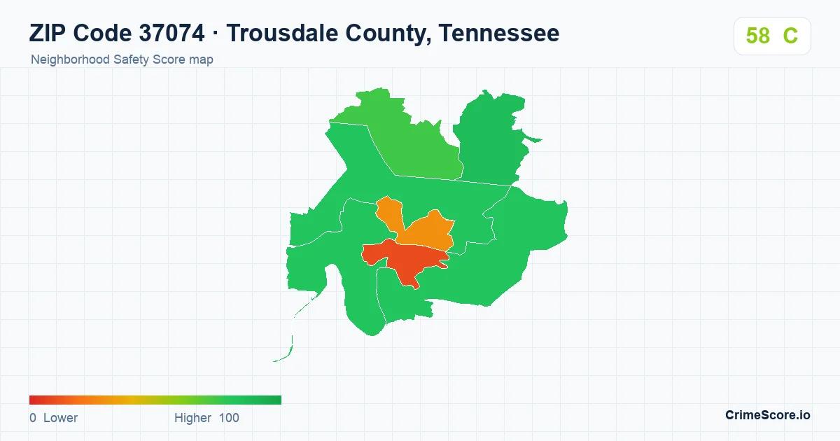 ZIP Code 37074 in Trousdale County, Tennessee neighborhood Safety Score map