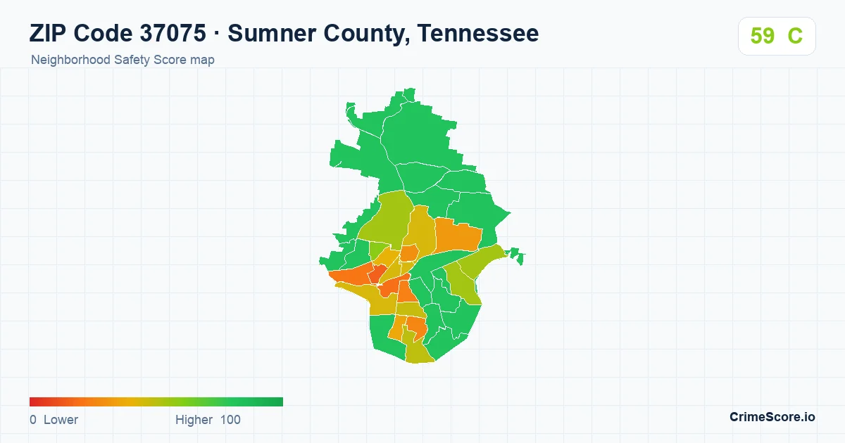 ZIP Code 37075 in Sumner County, Tennessee neighborhood Safety Score map