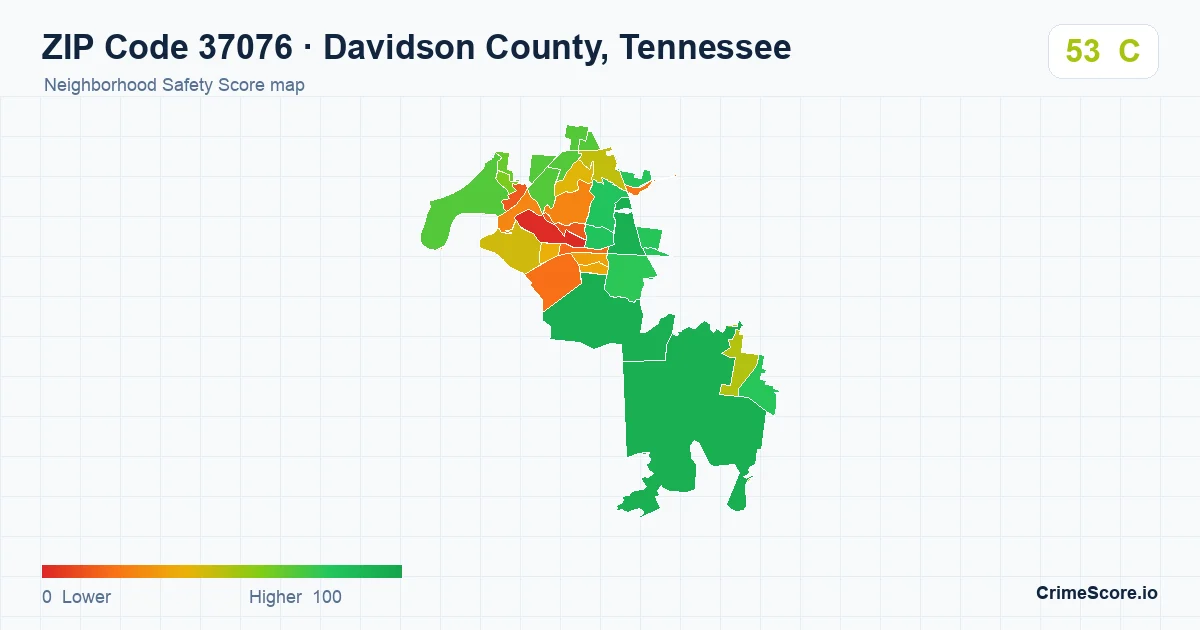 ZIP Code 37076 in Davidson County, Tennessee neighborhood Safety Score map