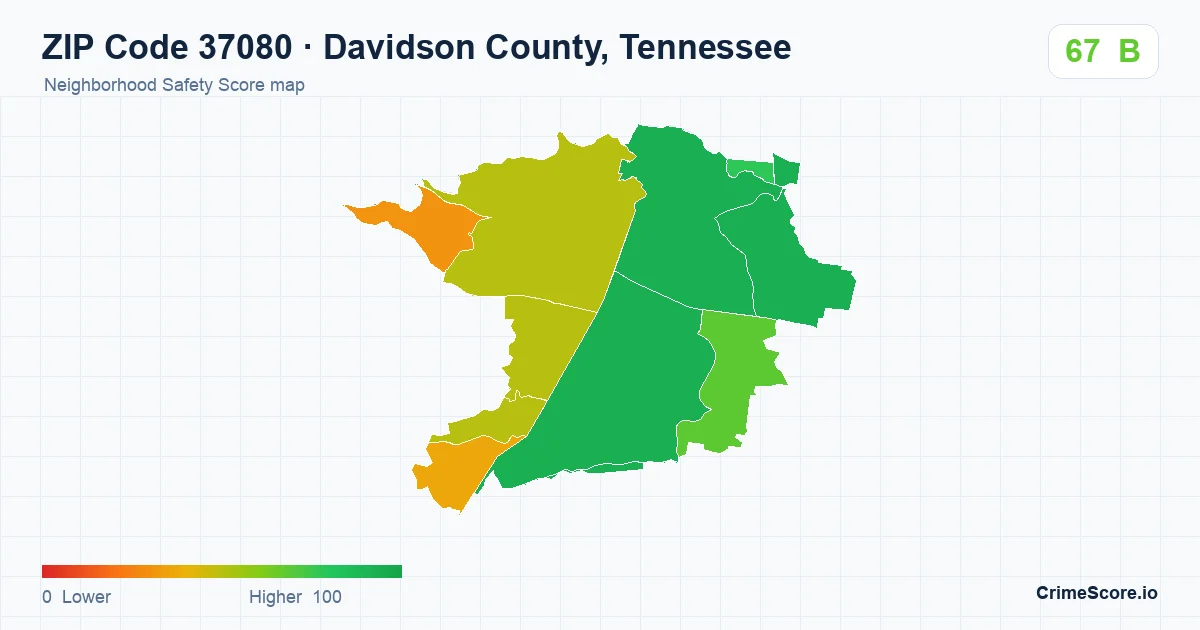 ZIP Code 37080 in Davidson County, Tennessee neighborhood Safety Score map