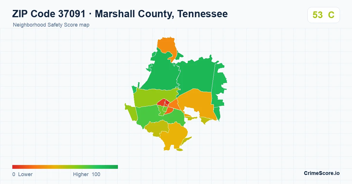 ZIP Code 37091 in Marshall County, Tennessee neighborhood Safety Score map