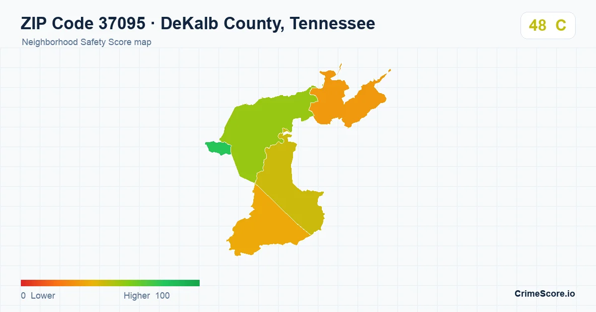 ZIP Code 37095 in DeKalb County, Tennessee neighborhood Safety Score map