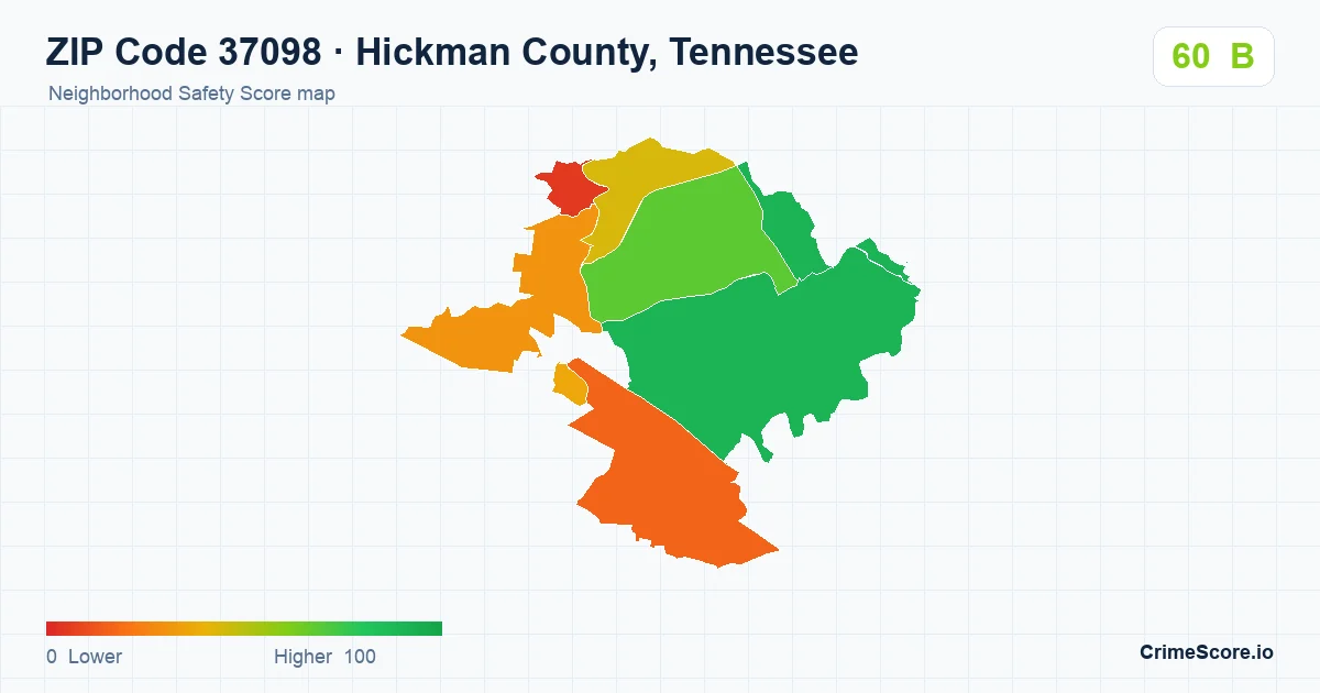 ZIP Code 37098 in Hickman County, Tennessee neighborhood Safety Score map