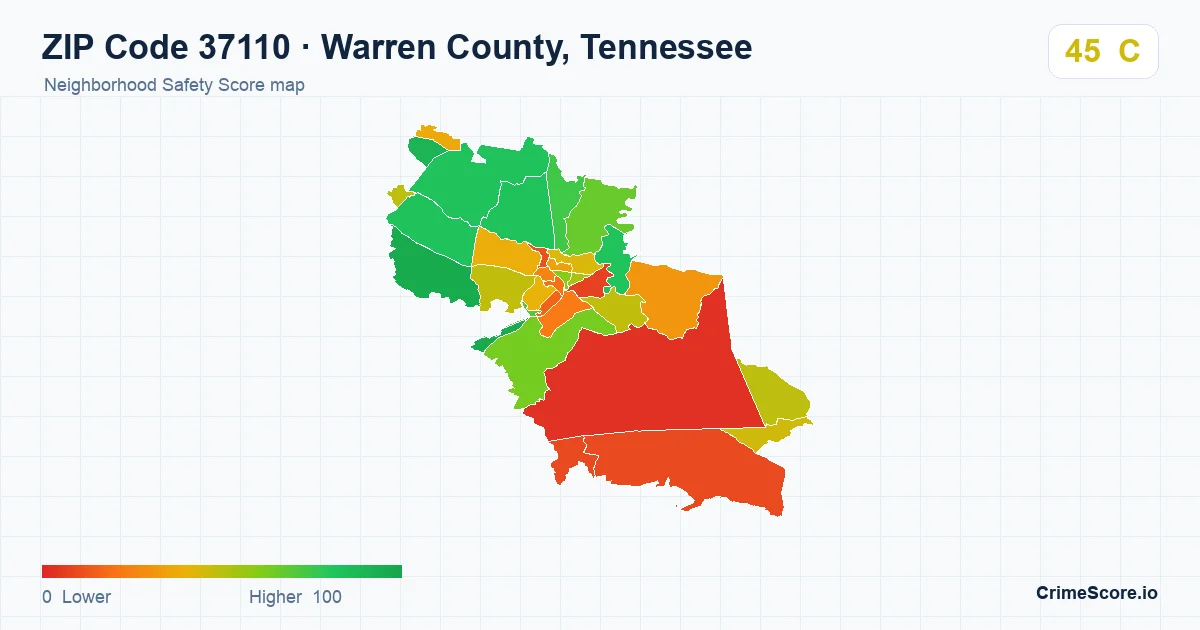ZIP Code 37110 in Warren County, Tennessee neighborhood Safety Score map