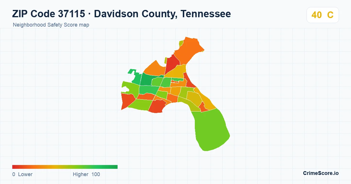 ZIP Code 37115 in Davidson County, Tennessee neighborhood Safety Score map