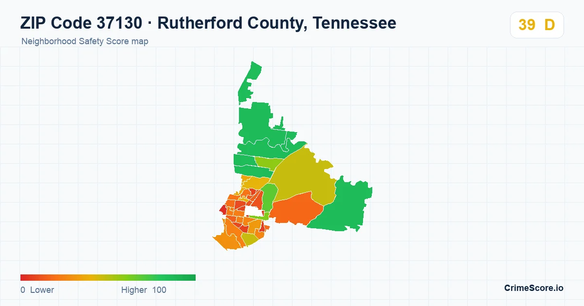 ZIP Code 37130 in Rutherford County, Tennessee neighborhood Safety Score map