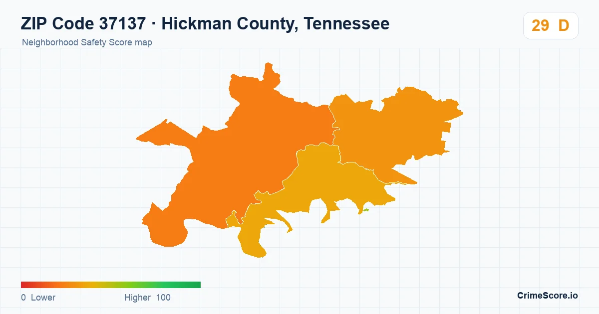 ZIP Code 37137 in Hickman County, Tennessee neighborhood Safety Score map